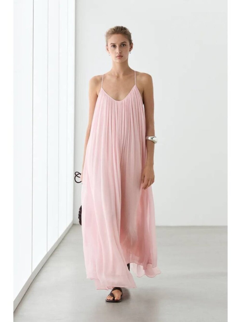 Massimo Dutti Pleated Maxi Dress Light Pink Flowy Large 6621/509 NWT